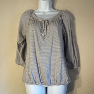 Loft Striped Cotton Modal Top Tie Neck 3 4 Sleeve Scoop Neck Button Detail M